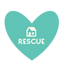 A teal heart-shaped sticker or decal with a white house icon and the word 'RESCUE' printed in white, centered on a plain white background.