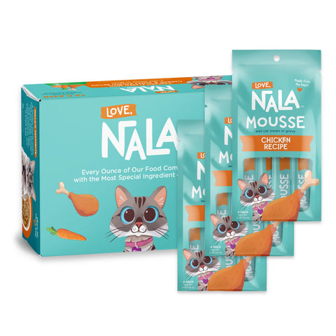 Nala Love Mousse cat food packaging, featuring a teal box and three individual pouches of chicken recipe mousse treats, displayed on a clean white background.