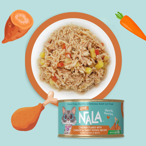 Nala brand cat food can shown with a plated serving of the food above it, on a light blue background with illustrated carrot and sweet potato graphics.