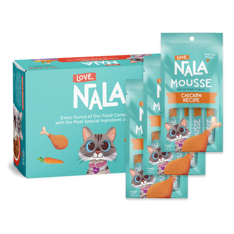 Nala Love Mousse cat treats packaging, showing a teal box and three individual pouches of Chicken Recipe treats on a white background.