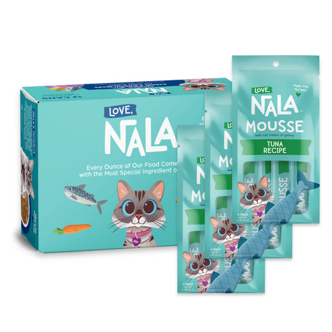 Nala Love Tuna Recipe cat treats packaging, showing a teal box and three individual pouches with cartoon cat graphics and fish illustrations on a white background.
