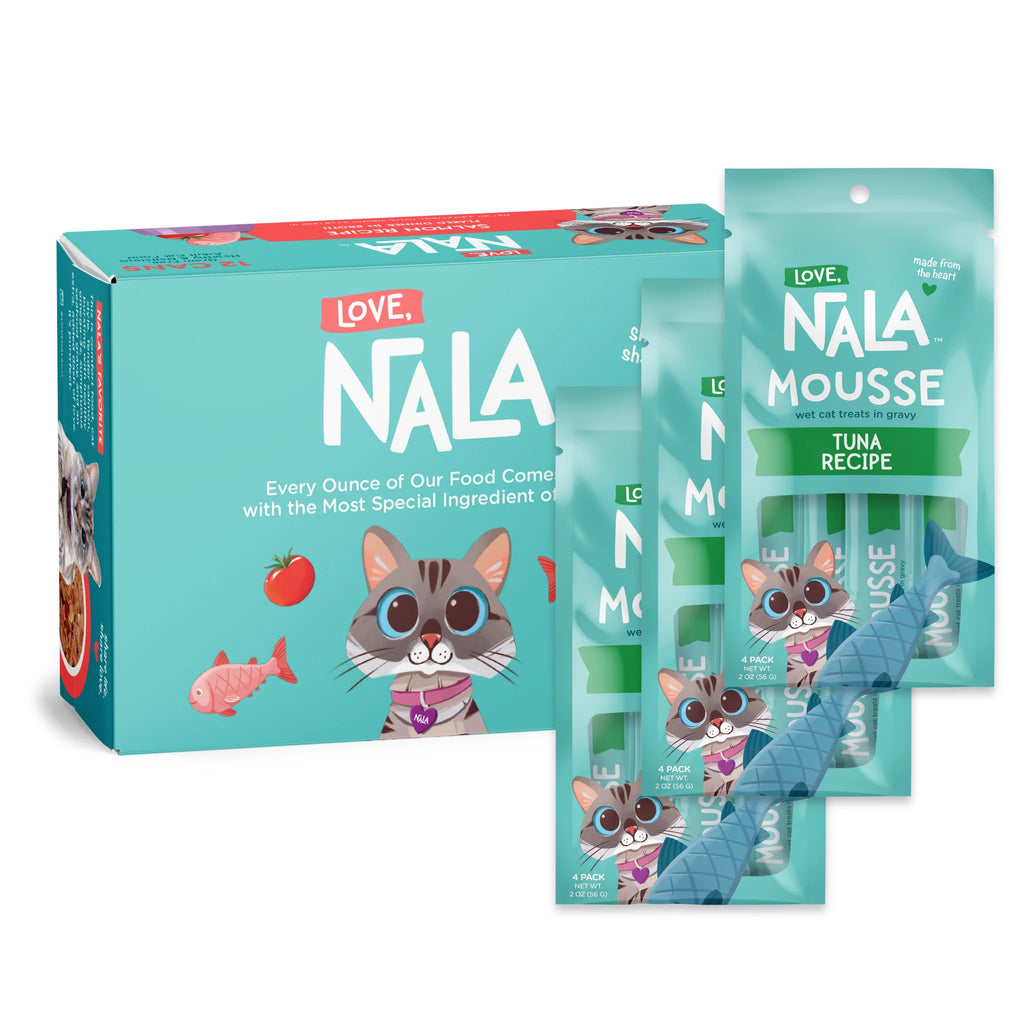 Nala Love Tuna Recipe cat mousse wet cat food, showing a large teal packaging box alongside three individual pouches fanned out to display the contents.