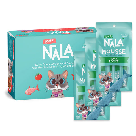 Nala Love Tuna Recipe cat mousse wet cat food, showing a large teal packaging box alongside three individual pouches fanned out to display the contents.