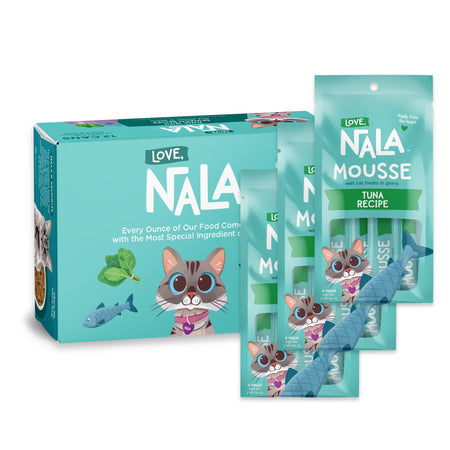 Nala Love Tuna Recipe cat food pouches and a matching box, shown on a clean white background. The packaging is predominantly turquoise with illustrations of a cat, fish, and green leaves, and features the brand name 'Nala' prominently.