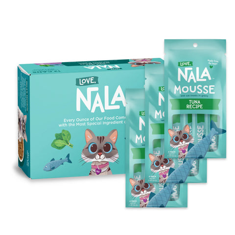 Nala Love Tuna Recipe cat food pouches and a matching box, shown on a clean white background. The packaging is predominantly turquoise with illustrations of a cat, fish, and green leaves, and features the brand name 'Nala' prominently.