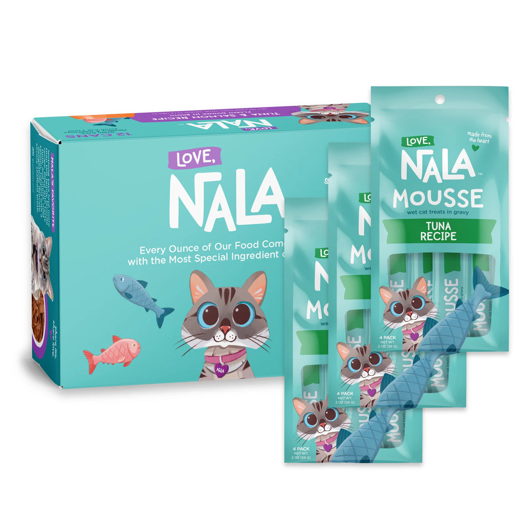 Nala Love Tuna Recipe cat mousse pouches shown with a matching retail box on a clean white background. The packaging is predominantly turquoise/aqua with white lettering, a cartoon cat illustration, and fish graphics.