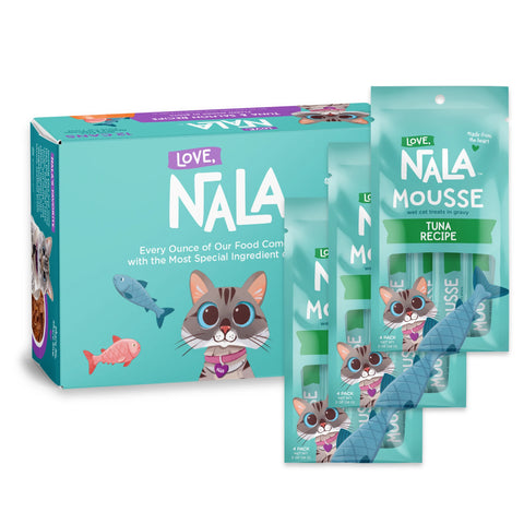 Nala Love Tuna Recipe cat mousse pouches shown with a matching retail box on a clean white background. The packaging is predominantly turquoise/aqua with white lettering, a cartoon cat illustration, and fish graphics.