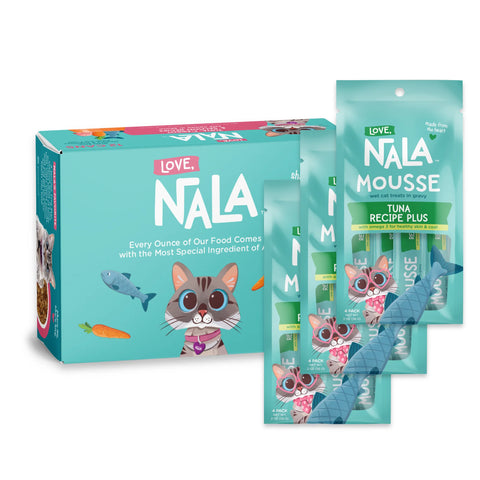 Nala Love cat food packaging showing a teal box and three individual pouches of Tuna Recipe Plus mousse wet cat food on a white background.