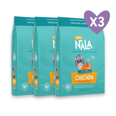 Three bags of Nala Love Chicken Free-Range Cat Food are shown in a 3-pack bundle with a purple heart-shaped 'x3' badge overlay on the top right, set against a plain white background.