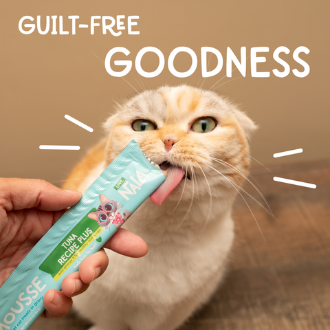 Cat eating a treat with 'Guilt-Free Goodness' text above