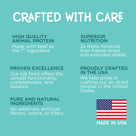 A teal promotional graphic with white text reading 'CRAFTED WITH CARE' and six feature callouts about high-quality animal protein, superior nutrition, proven excellence, pride of being made in the USA, and pure natural ingredients. A small American flag icon appears at bottom right with 'MADE IN USA' below it.