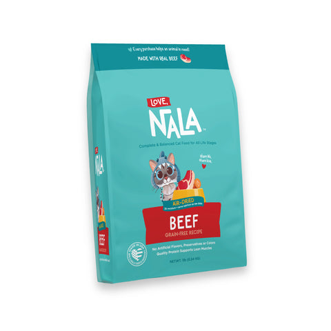A bag of Nala Love Beef Grain-Free Cat Food on a plain white background. 