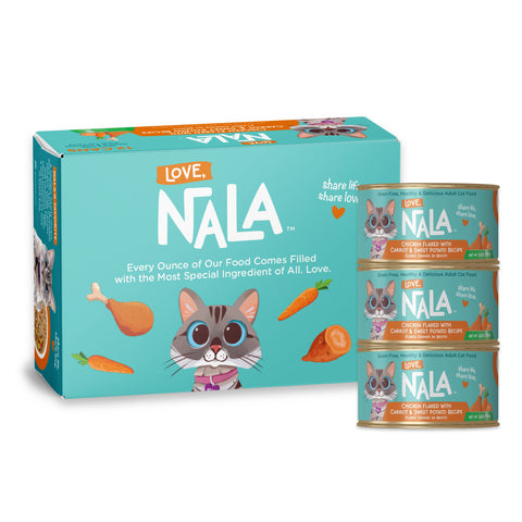 Nala cat food box with three cans on a white background