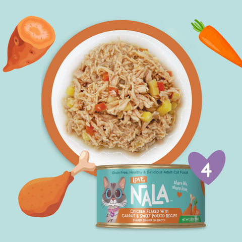Nala Chicken Flaked with Carrot & Sweet Potato Flaked in a bowl to highlight it's flaked feature