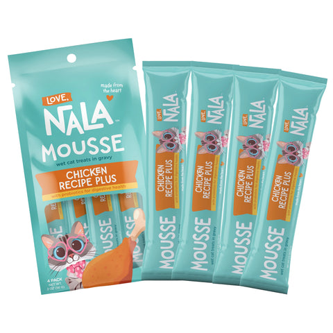 A graphic featuring the 4 pack of Chicken Mousse Plus along side 4 tubes of mousse.