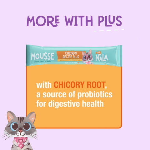 A graphic featuring the benefits of Chicken Mousse Plus. Chicory Root to support digestive health. 