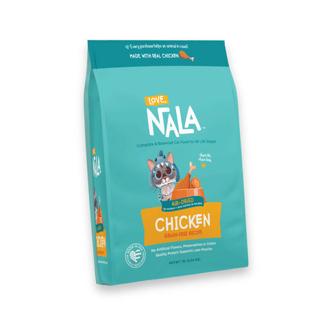 A bag of Nala Love Chicken Grain-Free Cat Food on a plain white background. The packaging is a vibrant teal color with a red banner at the bottom and a cartoon illustration of a cat wearing a chef's hat.