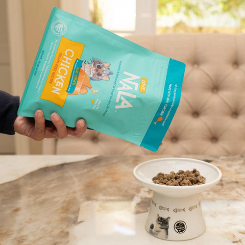 Chicken air-dried and Grain Free Recipe cat food pouch next to a white bowl filled with air-dried morsels on a marble countertop.