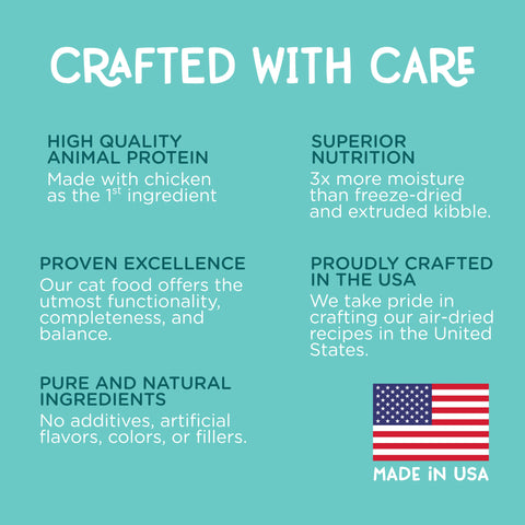 A teal promotional graphic with white text reading 'CRAFTED WITH CARE' and six feature callouts about high-quality animal protein, superior nutrition, proven excellence, pride of being made in the USA, and pure natural ingredients. A small American flag icon appears at bottom right with 'MADE IN USA' below it.