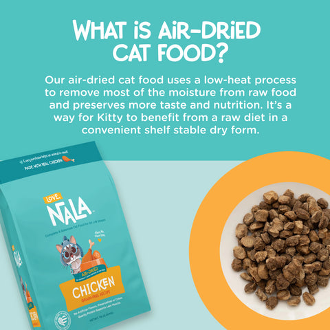 A promotional graphic for Nala air-dried cat food. The left side shows a teal bag of Nala Chicken flavor cat food with a cartoon cat illustration.