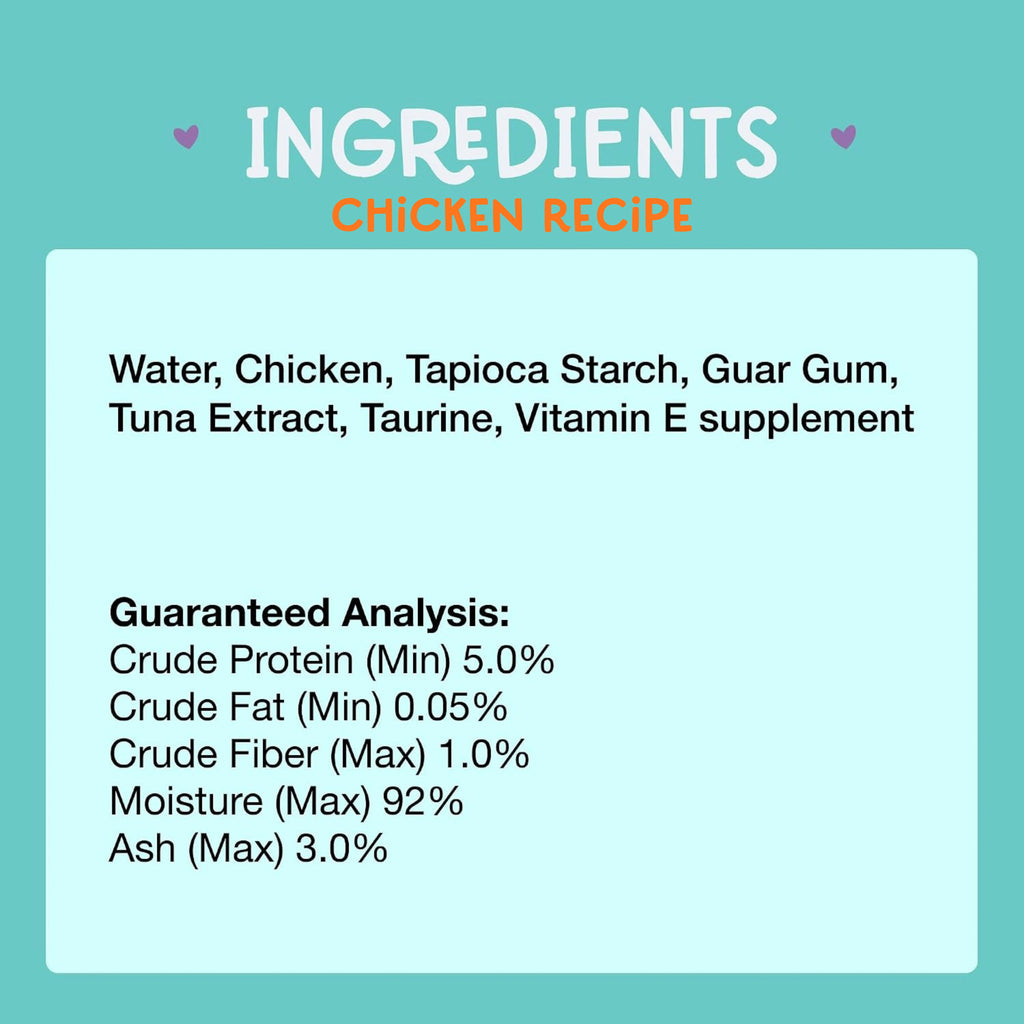 A light blue informational graphic with the heading 'INGREDIENTS' and a list of protein ingredients, plus a 'GUARANTEED ANALYSIS' section showing quality metrics such as crude protein, fat, fiber, moisture, ash, and taurine.