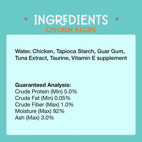 A light blue informational graphic with the heading 'INGREDIENTS' and a list of protein ingredients, plus a 'GUARANTEED ANALYSIS' section showing quality metrics such as crude protein, fat, fiber, moisture, ash, and taurine.