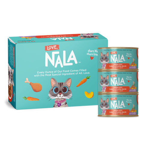 Love Nala Chicken with Carrot & Pumpkin Pate box with 3 cans staked on top of each other. 