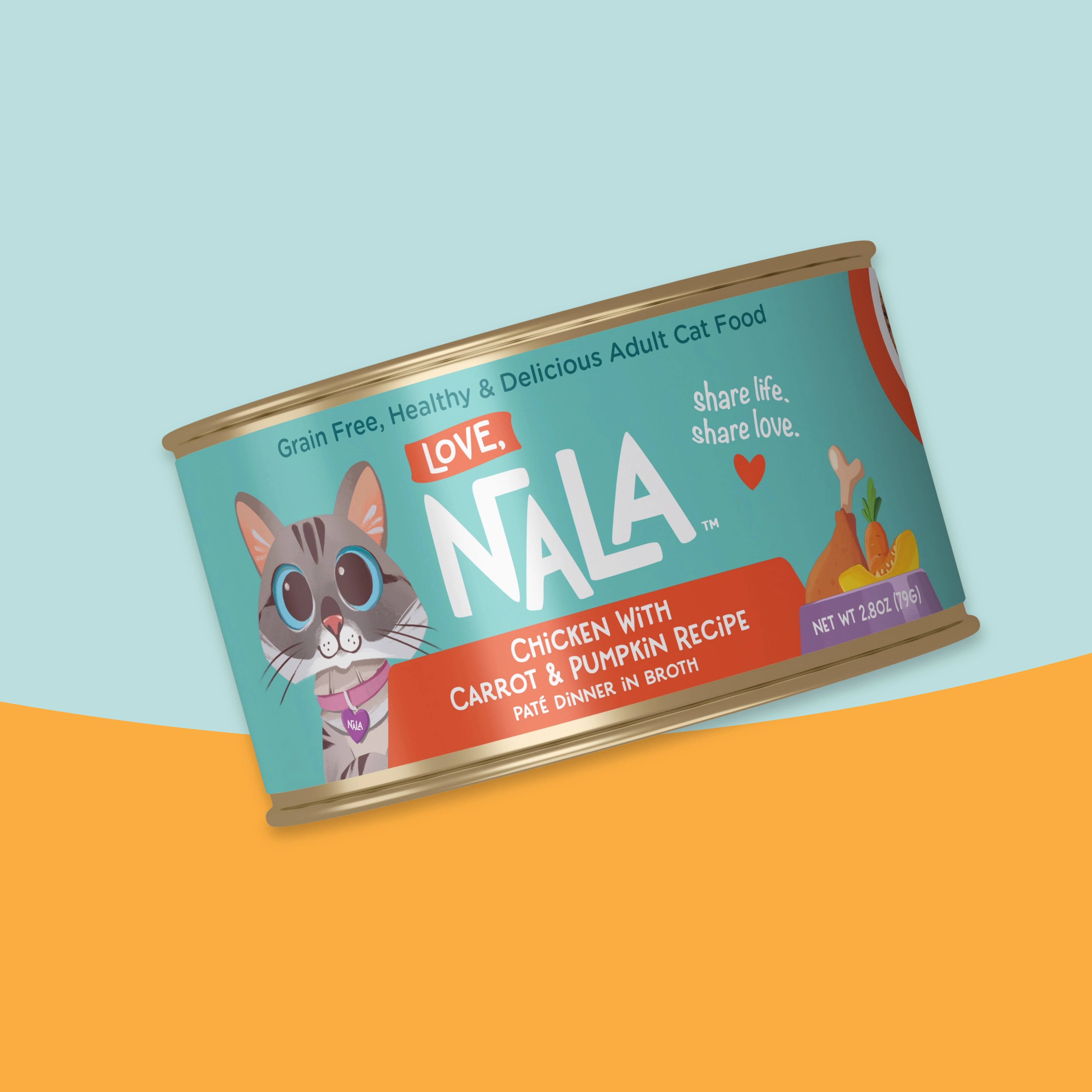 Front can of Love, Nala Chicken With Carrot Pumpkin Recipe Paté Dinner In Broth Canned Cat Food