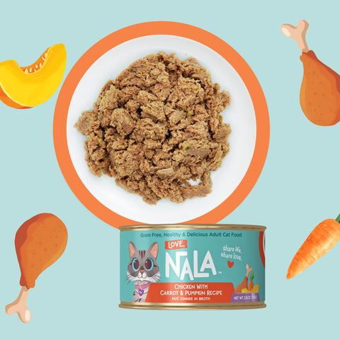 A can of NALA cat food is shown below a white plate filled with wet cat food, set on a light blue background with illustrated pumpkin, carrot, and chicken pieces around the product.