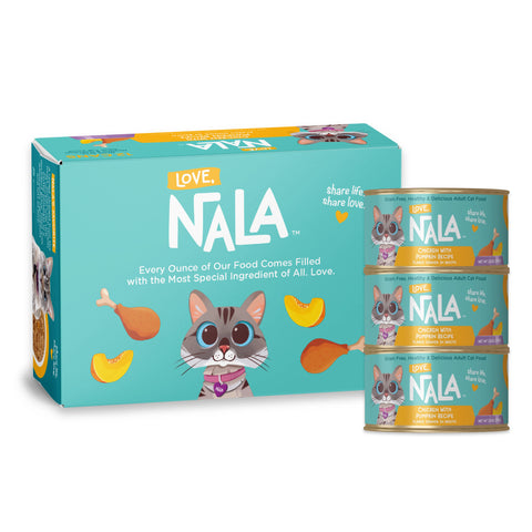 Nala Love Chicken with Pumpkin flaked recipe featuring 1 box and three can stacked on top of each other. 