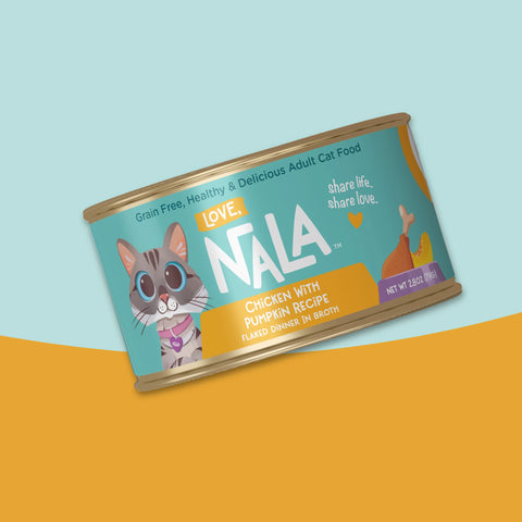 A single can of NALA Love Adult Cat Food, Chicken with Pumpkin Recipe, shown at an angle on a stylized background split diagonally between light blue and orange.