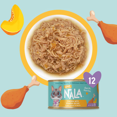 Nala cat food can labeled Chicken with Pumpkin Recipe, shown below a bowl of canned wet cat food, with illustrated pumpkin pieces and chicken legs around it on a light blue background.
