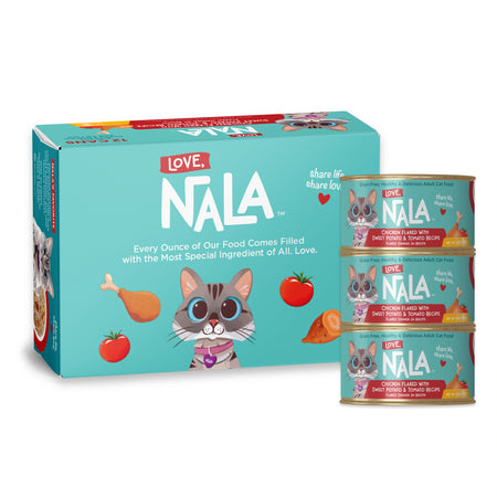 Nala Love cat food packaging showing a turquoise box and three stacked cans of chicken and with sweet potato and tomato flavor wet cat food on a white background.