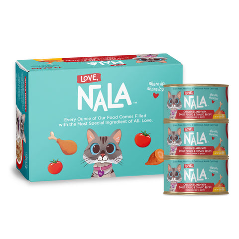 Nala Love cat food packaging showing a turquoise box and three stacked cans of chicken and with sweet potato and tomato flavor wet cat food on a white background.