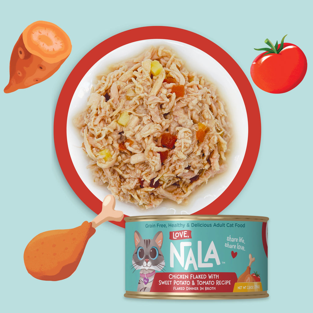 Nala brand cat food can shown with a plated serving of the food above it, plus illustrated food props including a sweet potato, tomato, and chicken leg on a light blue background.