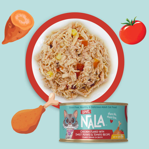 Nala brand cat food can shown with a plated serving of the food above it, plus illustrated food props including a sweet potato, tomato, and chicken leg on a light blue background.