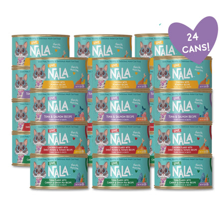 A bulk pack of 24 NALA Love Pups cat food cans, stacked in a grid. The cans feature a light teal background with illustrations of French Bulldog puppies and labels for various flavors like tuna, salmon, and chicken & salmon.