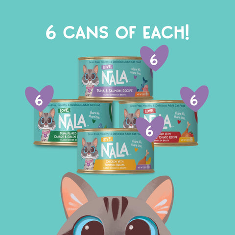 Promotional graphic for NALA cat food showing six cans of different flavors stacked together, with the text '6 CANS OF EACH!' and purple heart graphics labeled '6'. A cartoon cat face is visible at the bottom against a teal background.
