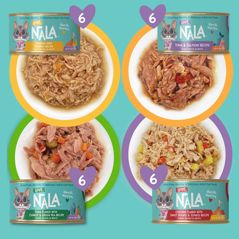 Four cans of NALA Love Cat Food arranged in a 2x2 grid with four bowls of prepared wet cat food behind them. Each can is labeled with a purple heart icon containing the number 6.