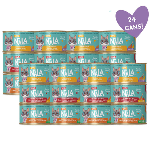 A bulk stack of 24 cans of NALA cat food, arranged in four rows of six. The cans feature a teal background with a cartoon French Bulldog and a yellow band at the bottom.