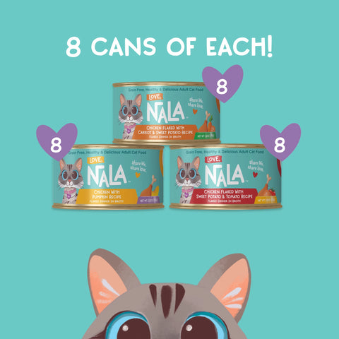 Promotional graphic for NALA pet food showing three cans of cat food on a teal background with the text '8 CANS OF EACH!' and purple heart graphics labeled '8'. A stylized cat face appears at the bottom.