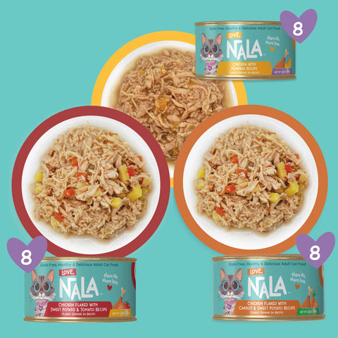 Four cans of NALA pet food arranged on a teal background with three bowls of the food shown above each can. The cans are labeled Love NALA and appear to be adult cat food flavors.
