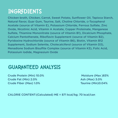 A light blue informational graphic with a dark teal header reading 'INGREDIENTS' and a list of chicken broth ingredients, plus a 'GUARANTEED ANALYSIS' section with nutritional claims and calorie content.