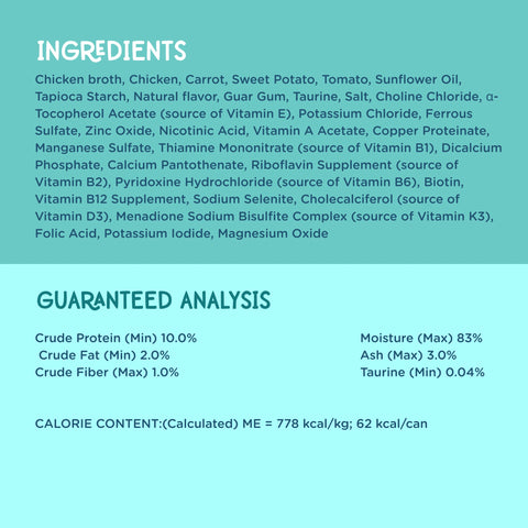 A light blue informational graphic with the heading 'INGREDIENTS' at the top and a list of ingredients in dark teal text. Below, under the heading 'GUARANTEED ANALYSIS,' nutrient claims are listed in dark teal text, including crude protein, crude fat, crude fiber, moisture, ash, and taurine, plus calorie content.