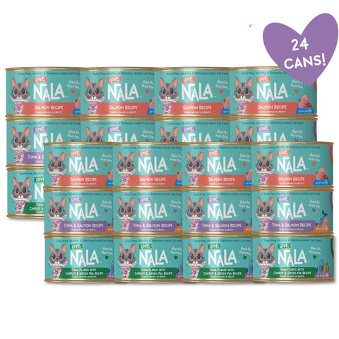 A bulk pack of 24 NALA cat food cans arranged in a grid on a white background, featuring a purple heart-shaped badge in the top right corner that reads '24 CANS!'. The cans are labeled with different flavors including Salmon Recipe, Tuna & Salmon Recipe recipes.