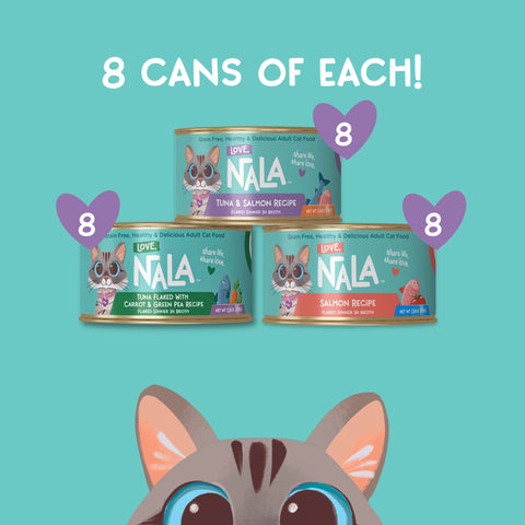 Three cans of NALA cat food for adult cats are displayed against a teal background with the text '8 CANS OF EACH!' and purple heart graphics labeled '8'. A stylized cat face appears at the bottom.