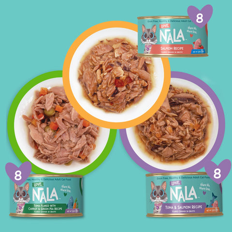 Four cans of NALA cat food arranged around three bowls of the prepared tuna and salmon recipe on a turquoise background, with purple heart graphics showing the number 8.