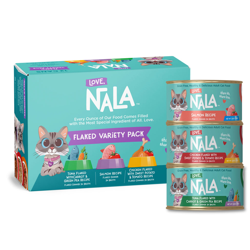 Flaked Variety pack showing a teal packaging box alongside three stacked cans of the wet cat food on a white background. Salmon, Chicken with sweet potato, and tomato recipe and Tuna flaked with green pea.
