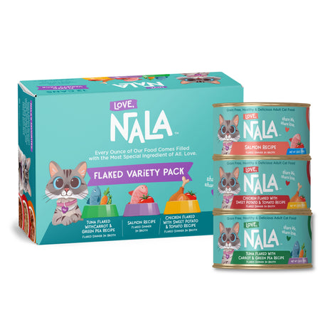 Flaked Variety pack showing a teal packaging box alongside three stacked cans of the wet cat food on a white background. Salmon, Chicken with sweet potato, and tomato recipe and Tuna flaked with green pea.
