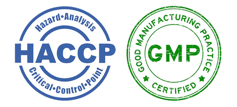 Two certification-style seals on a white background: a blue circular HACCP seal on the left and a green circular GMP seal on the right.